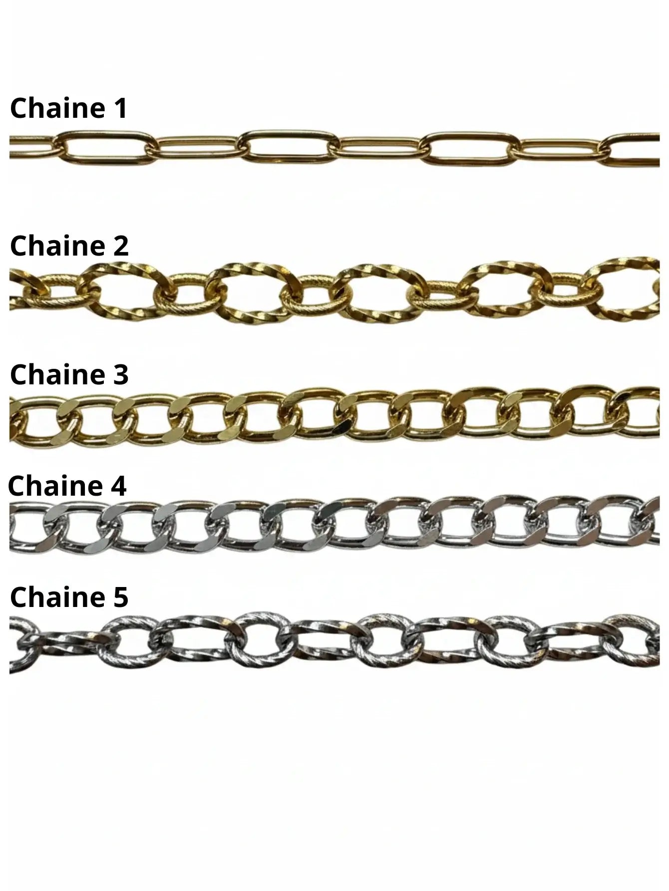 Collier a personnaliser - différentes chaînes en or et argent pour personnalisation de bijoux