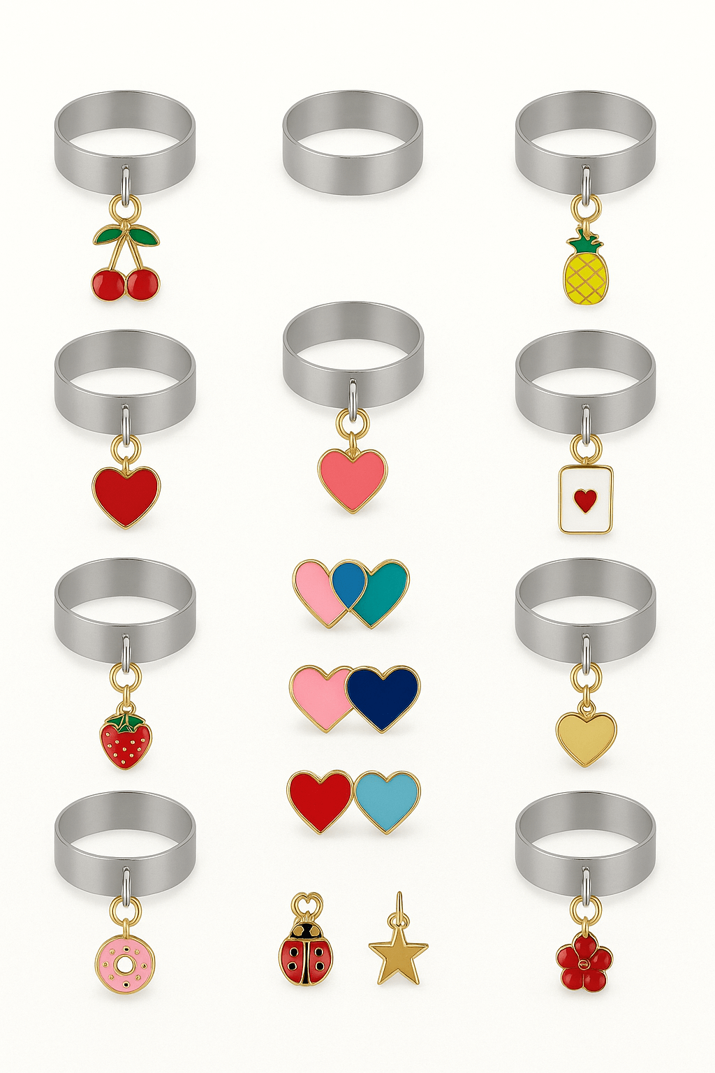Bague a personnaliser with colorful charms and various designs displayed in a creative arrangement.