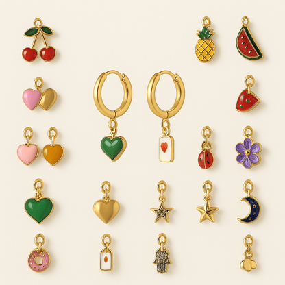 Boucles d'oreille a personnaliser with colorful charms like hearts, fruits, and stars.