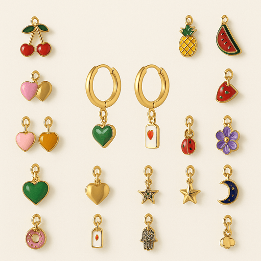 Boucles d'oreille a personnaliser with colorful charms like hearts, fruits, and stars.