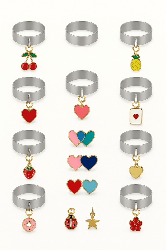 Bague a personnaliser with colorful charms and various designs displayed in a creative arrangement.